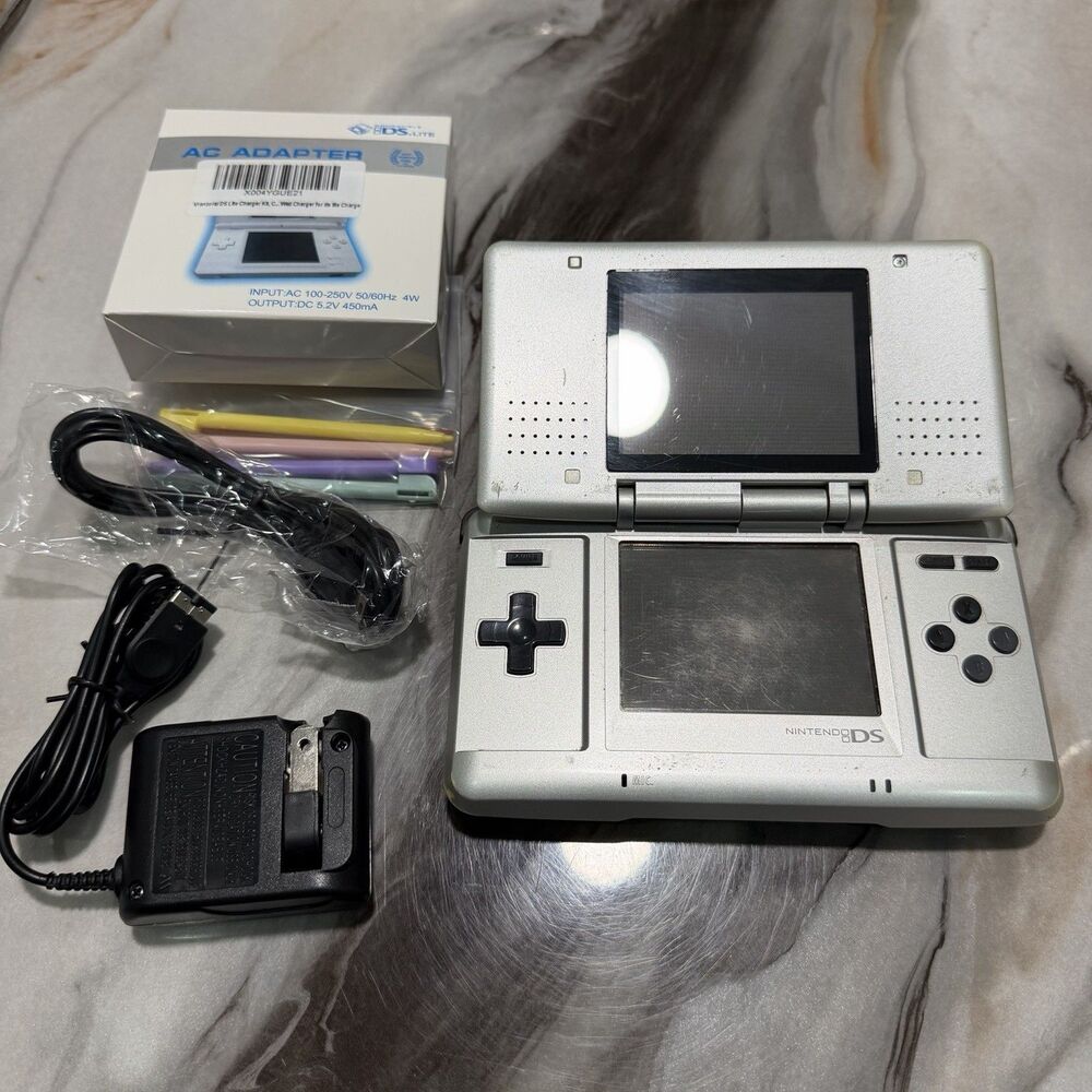 Nintendo DS Original Console NTR-001 Titanium Silver - Tested Works w/ Charger